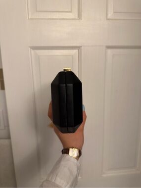 Olga Berg Black Hard Case Evening Clutch NWOT Gold Hardware Wedding Formal Bag